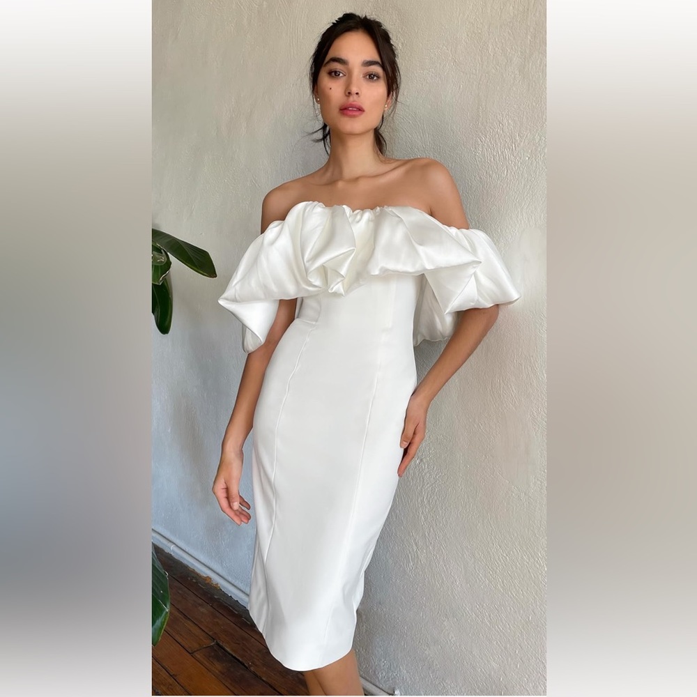 Solace London White Strapless Ruffle Midi Dress